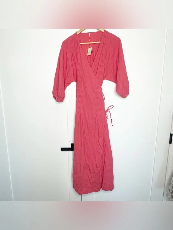 Free People Endless Summer On The Move Midi Dress small Wrap Pink Hibiscus coral - Picture 5 of 11